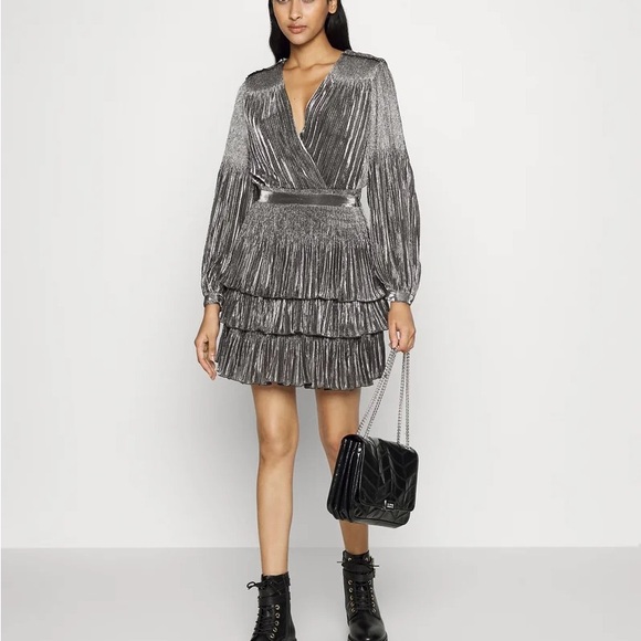 Claudie Pierlot Short Silver Pleated Dress - Picture 1 of 8